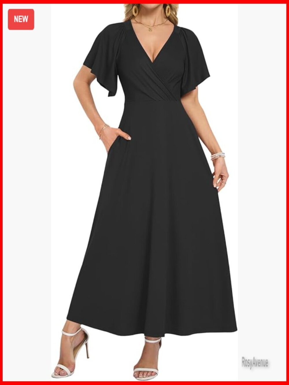 Maxi Dress with Pockets, Ruffle Sleeves, Deep V-Neck, Formal Summer Wrap